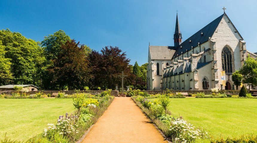 Blick vom Garten auf die Abteikirche Marienstatt 